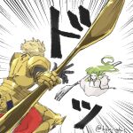  1boy 1other ^_^ androgynous armor blonde_hair closed_eyes commentary_request emphasis_lines enkidu_(fate) fate/grand_order fate/strange_fake fate_(series) floating_hair fork gauntlets gilgamesh_(fate) grey_hair holding holding_fork holding_knife knife komisabut oversized_fork oversized_knife robe twitter_username white_robe 