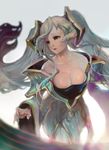  aqua_hair bare_shoulders blonde_hair breasts brown_eyes cleavage dahl-lange gradient_hair hair_ornament highres jewelry large_breasts league_of_legends long_hair multicolored_hair open_mouth simple_background solo sona_buvelle twintails very_long_hair 