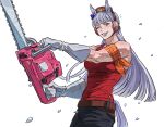  1girl ammi_(mayflyaa) animal_ears bandana bandana_around_arm bare_shoulders belt blunt_bangs bow breasts brown_hat chainsaw commentary ear_bow english_commentary gloves gold_ship_(umamusume) grey_hair grin hat highres holding holding_chainsaw horse_ears horse_girl horse_tail long_hair looking_at_viewer medium_breasts one_eye_closed open_mouth orange_bandana pants pillbox_hat purple_bow purple_eyes red_shirt shirt sleeveless sleeveless_shirt smile solo tail teeth umamusume white_gloves 