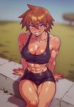  1girl abs arm_support bare_arms bare_shoulders biceps bike_shorts black_shorts black_sports_bra blue_eyes blurry blurry_background blush breasts brown_hair commentary commission csaurageul dark-skinned_female dark_skin double-parted_bangs english_commentary feet_out_of_frame grass grin hair_between_eyes highres large_breasts looking_at_viewer midriff muscular muscular_female navel original short_hair shorts sidewalk sitting smile solo spiked_hair sports_bra thigh_gap tomboy 