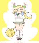  1girl angol_mois arms_up blonde_hair cardigan commentary_request coroha full_body hair_ornament hairpin jumping keroro_gunsou long_hair looking_at_viewer necktie school_uniform shirt shoes simple_background skirt socks solo wand weapon wristband yellow_background 