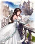  1girl aircraft airship balcony bare_shoulders bird black_hair breasts bridal_gauntlets brown_eyes brown_hair castle cleavage closed_mouth cloud cloudy_sky colored_skin commentary dreepy dress elbow_gloves english_commentary falling_feathers feather_hair_ornament feathers final_fantasy final_fantasy_ix flower flying from_side garnet_til_alexandros_xvii gloves hair_ornament hairclip headdress highres light_smile long_dress long_hair low-tied_long_hair low_ponytail medium_breasts official_alternate_costume official_art parted_bangs pigeon ponytail sidelocks sky solo square_enix strapless strapless_dress very_long_hair white_bird white_dress white_feathers white_skin 