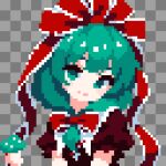  1girl bow commentary_request front_ponytail green_eyes green_hair highres kagiyama_hina looking_at_viewer mushroom pixel_art puffy_short_sleeves puffy_sleeves red_bow red_ribbon ribbon short_sleeves smile solo takeez3 touhou upper_body 