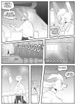 absurd_res anthro anton_(undying_void) black_and_white canid canine clothed clothing comic dialogue duo english_text fox hi_res inner_ear_fluff inside kifyun2 male mammal monochrome ocular_prosthetic prosthetic running simple_background speech_bubble text tuft