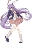  1girl animal_ears blazer closed_mouth collared_shirt commentary ebuna full_body highres jacket leg_warmers loafers long_hair long_sleeves looking_at_viewer necktie open_clothes open_jacket pink_skirt pleated_skirt purple_hair purple_jacket rabbit_ears rabbit_girl red_eyes red_necktie reisen_udongein_inaba shirt shoes simple_background skirt solo touhou very_long_hair white_background white_leg_warmers white_shirt 