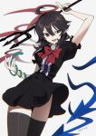  1girl absurdres ahoge arm_up asymmetrical_wings black_dress black_thighhighs bow bowtie brown_hair commentary_request dress fang highres holding holding_polearm holding_weapon houjuu_nue looking_at_viewer medium_hair open_mouth pointy_ears polearm puffy_short_sleeves puffy_sleeves red_bow red_bowtie red_eyes short_sleeves signature skin_fang solo thighhighs touhou trident uehara_suiyo weapon wings 