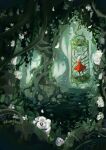  1girl arthropod_girl birdcage black_eyes black_skin cage chain cloak colored_skin flower from_behind full_body highres holding holding_weapon hollow_knight hollow_knight:_silksong horned_mask hornet_(hollow_knight) horns hunblooms in-universe_location mask nature needle_(hollow_knight) plant red_cloak tree vines weapon white_flower white_mask 
