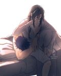  2boys arms_around_waist bed blue_hair commentary english_commentary facial_mark fire_emblem fire_emblem:_radiant_dawn forehead_mark highres ike_(fire_emblem) long_hair male_focus multiple_boys on_bed short_hair sleepy soren_(fire_emblem) swordling waking_up yaoi 