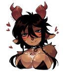 anthro big_breasts big_horn black_hair blush bodily_fluids bodypaint bovid breast_play breasts brown_body brown_fur caprine clothing collar cum demon duo eyebrows face_paint faceless_character faceless_male female fur genital_fluids genitals goat h0t-garbage hair hi_res horn hybrid kiki_(h0t-garbage) leotard makeup male male/female mammal multicolored_body notched_ear penis sex shaded smile smiling_at_viewer thick_eyebrows titfuck