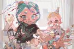  2girls absurdres acuteghost aqua_eyes aqua_hair aqua_tongue barefoot birthday_cake black_shirt black_shorts blonde_hair braid cake cake_slice chair commentary confetti fingernails food hat highres holding holding_cake holding_food indoors inkling inkling_girl inkling_player_character kneeling long_hair looking_at_viewer medium_hair multiple_girls octoling octoling_girl octoling_player_character on_table open_mouth parted_bangs party_hat red_eyes sample_watermark sharp_fingernails shirt short_sleeves shorts single_braid smile splatoon_(series) symbol-only_commentary t-shirt table tentacle_hair watermark weibo_watermark wristband 