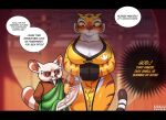  1boy 1girl animal_ears artist_name blush breasts brown_fur china_dress chinese_clothes cleavage dress english_text erection furry furry_female furry_male highres kung_fu_panda large_breasts letterboxed lollipopcon master_shifu orange_dress orange_fur pelvic_curtain penis red_panda_boy speech_bubble tail tiger_ears tiger_girl tiger_tail tigress_(kung_fu_panda) veins veiny_penis white_fur 
