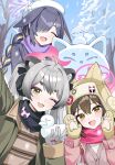  3girls :d ^_^ absurdres alternate_costume animal_ears beret bird black_jacket black_scarf blonde_hair blue_archive blue_sky braid braided_ponytail brown_cardigan brown_shirt cardigan closed_eyes commentary_request duck eyeshadow fang fangs fox_ornament gloves green_jacket grey_gloves grey_hair hair_over_one_eye halo hands_up hat hat_pin highres holding_snowman izuna_(blue_archive) jacket long_hair looking_at_viewer lop_rabbit_ears makeup michiru_(blue_archive) mittens multicolored_hair multiple_girls ninjutsu_research_club_(blue_archive) one_eye_closed open_mouth outdoors paw_print_palms pink_eyeshadow pink_halo pink_jacket pink_scarf prock purple_hair purple_halo purple_scarf rabbit rabbit_ears rabbit_girl raccoon raccoon_ears raccoon_girl raccoon_ornament reaching reaching_towards_viewer scarf selfie shirt skin_fang sky smile snow snow_animal snowing sweater tree tsukuyo_(blue_archive) two-tone_hair ushanka white_hat white_sweater winter_clothes yellow_eyes yellow_mittens 