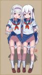  2girls :d absurdres ass_visible_through_thighs bar_censor black_eyes black_skirt blue_sailor_collar blue_skirt bow bow_panties brown_shoes censored cleft_of_venus closed_mouth clothes_lift commentary echidna_(re:zero) elementary_(lolipope) emilia_(re:zero) hair_ornament hairband highres long_hair looking_at_viewer miniskirt multiple_girls neckerchief open_mouth panties panty_pull pleated_skirt purple_eyes purple_hairband pussy re:zero_kara_hajimeru_isekai_seikatsu red_neckerchief sailor_collar sailor_shirt school_uniform serafuku shirt shoes short_sleeves skirt skirt_lift smile socks standing underwear v very_long_hair white_hair white_panties white_socks 