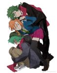  1girl 2boys :i absurdres aqua_eyes aqua_hair beanie bent_over black_jacket black_pants black_thighhighs blazer blue_jacket boy_sandwich brown_pants brown_shoes chidouin_sara chinese_commentary clenched_hand closed_mouth collared_shirt commentary_request double-parted_bangs from_side full_body green_eyes green_hair green_hat green_necktie grey_shoes hand_on_another's_shoulder hat highres hiyori_sou hugging_own_legs jacket kimi_ga_shine loafers looking_at_another ma_fu midori_(kimi_ga_shine) miniskirt multiple_boys necktie on_floor orange_hair pants parted_bangs parted_lips pink_skirt purple_eyes rattail red_necktie red_scarf sandwiched scarf school_uniform shirt shoes short_hair side_ponytail simple_background single_sidelock sitting skirt smile sonobeno_high_school_uniform standing suit sweat sweatdrop thighhighs turn_pale watermark weibo_watermark white_background white_shirt wing_collar zettai_ryouiki 