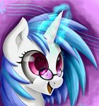  absurd_res blue_hair carligercarl equine eyewear female friendship_is_magic glasses glowing hair hi_res horn horse mammal musical_note my_little_pony navel open_mouth pony portrait purple_eyes solo tongue unicorn vinyl_scratch_(mlp) 