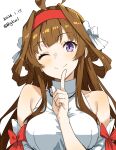  1girl ;) absurdres ahoge bare_shoulders bigkwl blush bow breasts brown_hair closed_mouth commentary dated dated_commentary hair_bow hairband hand_up highres index_finger_raised kantai_collection kongou_(kancolle) large_breasts long_hair looking_at_viewer one-hour_drawing_challenge one_eye_closed purple_eyes red_hairband shirt simple_background smile solo twitter_username upper_body white_background white_bow white_shirt 