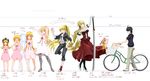  6+girls araragi_koyomi bicycle black_hair blonde_hair bow child dress gloves ground_vehicle high_heels highres katana kiss-shot_acerola-orion_heart-under-blade kizumonogatari kokorowatari long_hair monogatari_(series) multiple_girls nisemonogatari oshino_shinobu pantyhose ponytail red_dress sandals shoes short_hair sword vampire weapon white_dress 