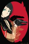  1girl ash011023 bang_dream! bang_dream!_it's_mygo!!!!! black_background black_gloves black_hair blue_eyes capelet chinese_commentary closed_mouth commentary_request dated expressionless gloves highres looking_at_viewer red_background red_capelet see-through_clothes see-through_sleeves shadow_puppet solo timoris_(bang_dream!) two-tone_background yahata_umiri 