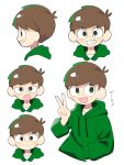  1boy :d :o antenna_hair brown_hair commentary_request cropped_shoulders cropped_torso drawstring edd_(eddsworld) eddsworld from_side green_eyes green_hoodie grin hair_behind_ear highres hood hood_down hoodie jitome long_sleeves looking_at_viewer male_focus multiple_expressions multiple_views open_mouth profile roshii_(ionlw0gynh24926) shirt short_hair simple_background smile straight-on swept_bangs translation_request v white_background white_shirt 