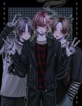  3boys arm_up black_gloves black_jacket black_nails black_pants black_shirt blue_eyes blush brown_hair cigarette closed_mouth commentary double_w ear_piercing fingerless_gloves fingernails gloves grey_hair grey_shirt hair_between_eyes hands_up heterochromia highres jacket jewelry long_sleeves looking_at_viewer male_focus multiple_boys multiple_rings nail_polish necklace nmnr_ut open_clothes open_jacket original pants parted_bangs parted_hair piercing red_eyes red_hair red_shirt ring shirt short_hair short_sleeves smoke smoke_trail smoking symbol-only_commentary tongue tongue_out v w 