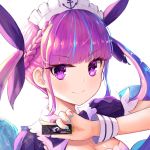  1girl breasts eyebrows_visible_through_hair flash_drive hair_ribbon hololive long_hair looking_at_viewer maid maid_headdress minato_aqua nail_polish purple_eyes purple_hair ribbon ruarua13329135 smile solo twintails virtual_youtuber 