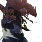  1boy black_jacket black_pants claws commentary_request eyewear_on_head golisopod guzma_(pokemon) highres holding holding_poke_ball jacket jewelry kabe_tora male_focus necklace nest_ball open_clothes open_jacket pants poke_ball pokemon pokemon_(creature) pokemon_sm shirt short_hair sunglasses team_skull ultra_ball white_background white_hair white_shirt yellow-framed_eyewear 