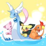  :3 :d ^_^ animal_focus blue_eyes charmander choko_(sweetpocket) closed_eyes commentary_request dragonair fire head_wings highres horns laughing light_blush looking_at_viewer mew_(pokemon) no_humans open_mouth orange_eyes orb pichu pokemon pokemon_(creature) pokemon_focus riding riding_pokemon single_horn sitting smile water wings 