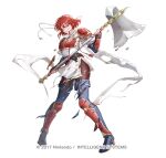  1girl arm_guards armor axe battle_damage belt black_pantyhose blue_boots boots breastplate breasts brown_belt brown_gloves clenched_teeth commentary_request damaged dress fingerless_gloves fire_emblem fire_emblem:_mystery_of_the_emblem fire_emblem:_shadow_dragon fire_emblem_heroes full_body gloves gold_trim greaves headband high_heel_boots high_heels holding holding_axe holding_weapon looking_at_viewer minerva_(above_the_stars)_(fire_emblem) minerva_(fire_emblem) multiple_belts official_alternate_costume official_art one_eye_closed pantyhose parted_lips pauldrons red_armor red_eyes red_hair riz3 shin_guards short_dress short_hair short_sleeves shoulder_armor simple_background solo teeth thigh_boots torn_boots torn_clothes torn_pantyhose weapon white_dress white_headband 