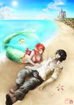  1boy 1girl ariel ariel_(disney) breasts couple disney flounder long_hair lying mermaid monster_girl ocean pixiv prince prince_eric red_hair sand the_little_mermaid topless yamkom 