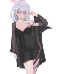  absurdres artist_name black_dress black_skirt black_wings blue_archive breasts cleavage commentary_request dress english_text hair_ribbon halo haruna_(blue_archive) highres looking_at_viewer negligee open_mouth red_eyes red_halo ribbon royalbunny003 single_wing skirt tail white_hair wings 