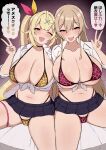  2girls absurdres black_choker black_skirt blonde_hair blush bra breasts brown_hair choker collared_shirt commentary_request furen_e_lustario hair_ornament heterochromia highres hoshikawa_sara huge_breasts long_hair looking_at_viewer miniskirt multiple_girls narusan_beam2 navel nijisanji panties pink_bra pink_panties print_bra print_panties red_eyes school_uniform shirt side_ponytail skirt speech_bubble stomach thighs tied_shirt translation_request underwear v virtual_youtuber white_shirt x_hair_ornament yellow_bra yellow_eyes yellow_panties 