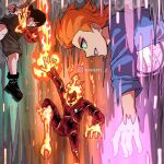  1girl 2boys alien animal_print animification ben_10 ben_tennyson bike_shorts black_hair black_shirt blue_shirt boots cat_print commentary cousins darent_z earrings elemental_(creature) english_commentary falling fire fire_elemental glowing glowing_eyes green_eyes grin gwen_tennyson hair_ornament hairclip heatblast highres instagram_logo instagram_username jewelry kevin_levin magic multiple_boys omnitrix orange_hair shirt short_hair smile stud_earrings teeth thigh_boots 