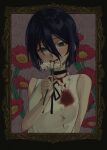  1girl :> absurdres arm_at_side bare_arms bare_shoulders black_border black_choker black_hair black_ribbon blood blood_on_clothes blood_on_hands blood_on_mouth blush border breasts chainsaw_man choker closed_mouth commentary floral_background flower green_eyes hair_between_eyes hand_up highres holding holding_flower long_hair_between_eyes looking_at_viewer medium_breasts nasu_(pixiv_29380455) neck_ribbon ornate_border outside_border purple_background red_flower reze_(chainsaw_man) ribbon shirt short_hair sidelocks smile solo upper_body variant_set white_flower white_shirt 
