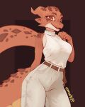  1girl arm_behind_back artist_name bare_shoulders belt blurry breasts bright_pupils brown_horns colored_skin commentary depth_of_field english_commentary fangs furry furry_female hand_up happy highres horns large_breasts lizard_tail manu_(manustuff) multicolored_skin open_mouth orange_eyes original outside_border pants red_skin reptile_girl shirt shirt_tucked_in signature simple_background skin_fangs sleeveless sleeveless_shirt small_horns smile solo tail thick_thighs thighs two-tone_skin white_pants white_pupils white_shirt white_skin wide_hips 