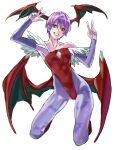  1girl animal_print bat_print breasts bridal_gauntlets collarbone darkstalkers demon_girl demon_wings highres leotard lilith_(darkstalkers) nobita_(makoto7060355) pantyhose purple_hair purple_pantyhose red_eyes red_leotard short_hair small_breasts smile solo v white_background wings 