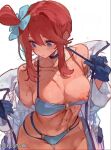  1girl bikini blue_bikini blue_choker blue_gloves breasts choker closed_mouth coat collarbone commentary gloves hair_ornament klopsiak large_breasts medium_hair nipples one_breast_out open_clothes open_coat pokemon pokemon_bw red_hair sidelocks skyla_(pokemon) solo sweat swimsuit twitter_username 
