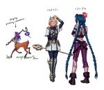  3girls absurdly_long_hair anger_vein armor armored_boots arrow_(symbol) bare_shoulders black_boots black_shirt blonde_hair blue_bodysuit blue_hair bodysuit boots braid breastplate bruise bruise_on_back bruise_on_leg centauroid cloud_tattoo commentary crop_top crossed_arms english_commentary english_text eulaleth facing_another fold-over_boots full_body gameplay_mechanics highres holding holding_staff injury jinx_(league_of_legends) league_of_legends lillia_(league_of_legends) long_hair lux_(league_of_legends) medium_hair multiple_girls pants purple_hair purple_pants shirt simple_background skirt staff sweatdrop tattoo taur twin_braids very_long_hair white_background white_skirt 