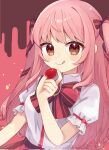  1girl :q akikan_sabako arm_at_side bare_arms bow breasts brown_background brown_eyes brown_hair collared_shirt commentary english_commentary food frilled_sleeves frills fruit hair_bow hand_up highres holding holding_food holding_fruit light_blush long_hair looking_at_viewer medium_breasts original pink_background pink_hair puffy_short_sleeves puffy_sleeves red_bow red_skirt shirt shirt_tucked_in short_sleeves sidelocks simple_background skirt sleeve_bow smile solo strawberry swept_bangs tareme tongue tongue_out two-tone_background two_side_up upper_body white_shirt 
