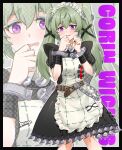  1girl belt black_border black_dress black_nails blush border chain character_name commentary_request corin_wickes dress green_hair grey_background hair_between_eyes hands_up highres long_hair looking_at_viewer maid maid_headdress metal_wrist_cuffs open_mouth purple_eyes retora_26 screw_hair_ornament solo thick_eyebrows twintails zenless_zone_zero zoom_layer 