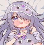  1girl bare_shoulders blush_stickers chibi commentary english_commentary gem grey_hair highres hololive hololive_english koseki_bijou kukie-nyan lying on_back on_bed purple_eyes sleep_mask solo tongue tongue_out upper_body virtual_youtuber 