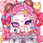  1girl ;3 animal_ear_hairband animal_ears bandaid bandaid_on_face bear_ears bear_hair_ornament bow brown_hairband cat_hair_ornament closed_mouth fake_animal_ears fang fang_out hair_bow hair_ornament hairband hairclip hands_on_own_cheeks hands_on_own_face heart heart_hair_ornament highres jewelry long_sleeves looking_at_viewer medium_hair nezumi_(tuboshu2013) octoling octoling_girl octoling_player_character one_eye_closed parted_bangs pink_bow pink_hair plaid_bow portrait purple_eyes ring sample_watermark shirt smile solo splatoon_(series) star_(symbol) star_hair_ornament star_sticker sticker sticker_on_face tentacle_hair watermark white_shirt x_hair_ornament 