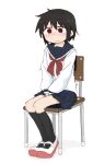  1girl between_legs black_hair black_socks blue_sailor_collar blue_skirt blush chair closed_mouth commentary_request embarrassed flat_chest full_body hand_between_legs have_to_pee highres kneehighs large_variant_set legs_together long_sleeves looking_afar miniskirt neckerchief nose_blush on_chair original own_hands_together pleated_skirt ponnu_(tnpn2yw) red_eyes red_neckerchief red_shoes sailor_collar school_chair school_uniform serafuku shirt shoes short_hair sidelocks sitting skirt socks solo trembling v_arms variant_set white_shirt wide-eyed 