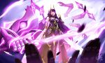  1girl absurdres alternate_costume armor artist_name blunt_bangs cheetarts closed_mouth english_commentary fake_horns floating genshin_impact glowing glowing_eyes glowing_sword glowing_weapon headpiece highres holding holding_sword holding_weapon horns japanese_armor katana long_hair looking_at_viewer mechanical_arms mechanical_hands mitsudomoe_(shape) musou_isshin_(genshin_impact) powering_up purple_background purple_eyes purple_hair raiden_shogun raiden_shogun_(magatsu_mitake_narukami_no_mikoto) shoulder_armor solo sword tomoe_(symbol) upper_body weapon 