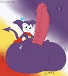 balls bandai_namco big_balls big_penis digimon digimon_(species) genitals gradient_background hi_res huge_balls huge_penis hyper hyper_balls hyper_genitalia hyper_penis impmon male onomatopoeia penis simple_background sitting_on_balls solo sound_effects text truly_fates_(artist)