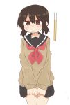  1girl black_sailor_collar black_skirt blush brown_eyes brown_hair brown_sweater commentary_request cowboy_shot embarrassed flat_chest have_to_pee highres long_sleeves looking_at_viewer miniskirt neckerchief nose_blush original own_hands_together pleated_skirt ponnu_(tnpn2yw) raised_eyebrows red_neckerchief sailor_collar school_uniform serafuku short_hair sidelocks simple_background skirt skirt_hold solo standing sweater twintails urine_meter v_arms variant_set white_background 