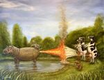  absurdres acrylic_paint_(medium) animal animal_focus artist_name capybara cloud commentary cow creme_brulee custard day english_commentary fire grass highres hippopotamus lake milk no_humans original outdoors painting_(medium) raccoon scenery signature sky smoke traditional_media travis_chapman tree water what 