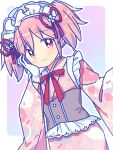  1girl absurdres blush border bow bowtie bright_pupils closed_mouth commentary_request cowboy_shot dot_nose gloves hair_ribbon highres japanese_clothes kaname_madoka kimono long_sleeves looking_at_viewer mahou_shoujo_madoka_magica mahou_shoujo_madoka_magica_(anime) maid_headdress outline outside_border pink_hair pink_kimono red_bow red_bowtie red_eyes red_ribbon ribbon ruru_(rurumagi) short_hair short_twintails smile solo twintails white_border white_gloves white_outline white_pupils wide_sleeves 