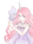  1girl absurdres ad_lunam_(shining_nikki) bare_arms beads chinese_commentary chunpiao commentary_request dress expressionless eyelashes eyes_visible_through_hair fake_horns grey_eyes highres holding_own_wrist horns jewelry layered_dress light_frown lipstick long_hair looking_at_viewer magic makeup necklace nikki_(nikki) nikki_(series) pink_hair pink_lips purple_dress shining_nikki simple_background solo strapless strapless_dress striped_clothes striped_dress unicorn_horn upper_body vertical-striped_clothes vertical-striped_dress very_long_hair wavy_hair white_background white_horns 