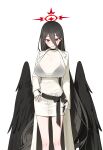  1girl absurdres alternate_costume b1026 black_bow black_bra black_choker black_hair black_wings blue_archive blush bow bra bra_visible_through_clothes breasts choker coat feathered_wings feet_out_of_frame hair_between_eyes halo hashtag-only_commentary hasumi_(blue_archive) highres huge_breasts long_hair long_hair_between_eyes long_sleeves looking_at_viewer loosely_tucked_bangs low_wings mole mole_under_eye open_clothes open_coat oversized_wings pencil_skirt red_eyes red_halo see-through_clothes see-through_shirt shirt simple_background skirt sleeves_past_wrists small_sweatdrop solo trench_coat underwear very_long_hair white_background white_coat white_skirt wings 