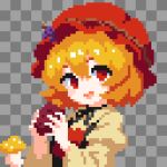  1girl aki_minoriko blonde_hair commentary_request food grape_hat_ornament hat highres holding holding_food holding_vegetable mushroom open_mouth pixel_art red_eyes red_hat shirt smile solo sweet_potato takeez3 touhou vegetable wide_sleeves yellow_shirt 